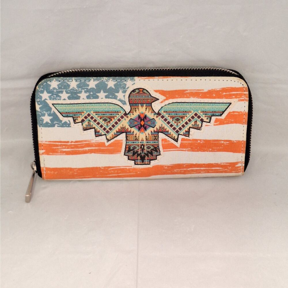 Patriotic American Flag Tribal Detail Eagle Zipper Wallet